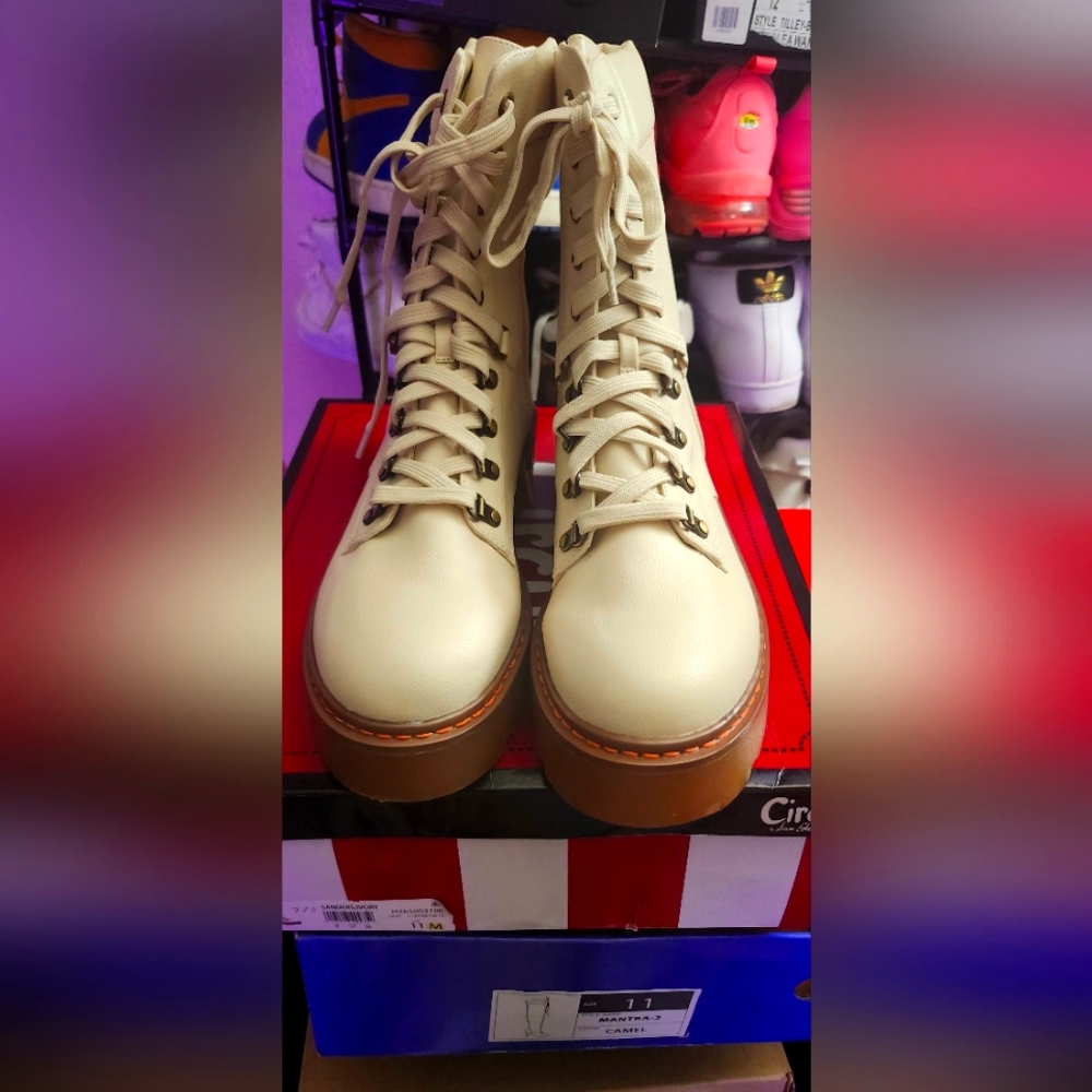 Cream Lace-Up Ankle Boots